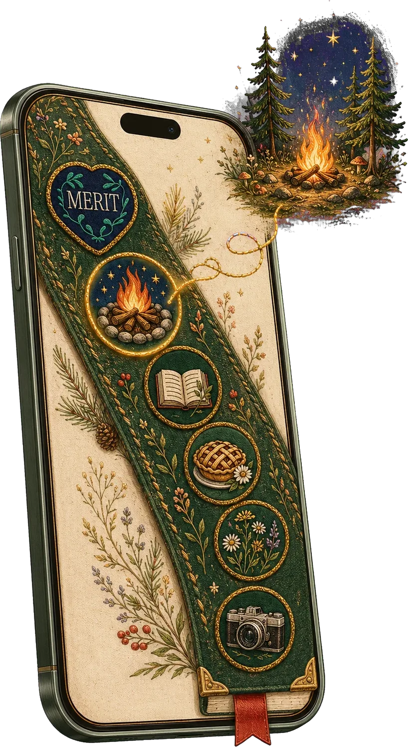 A phone showing your embroidered banner — one badge glowing with its campfire memory