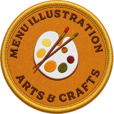 Embroidered Arts & Crafts patch — a painter's palette with crossed brushes on amber