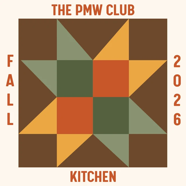 Fall 2026 Kitchen patch — a star block in green, rust and mustard on brown