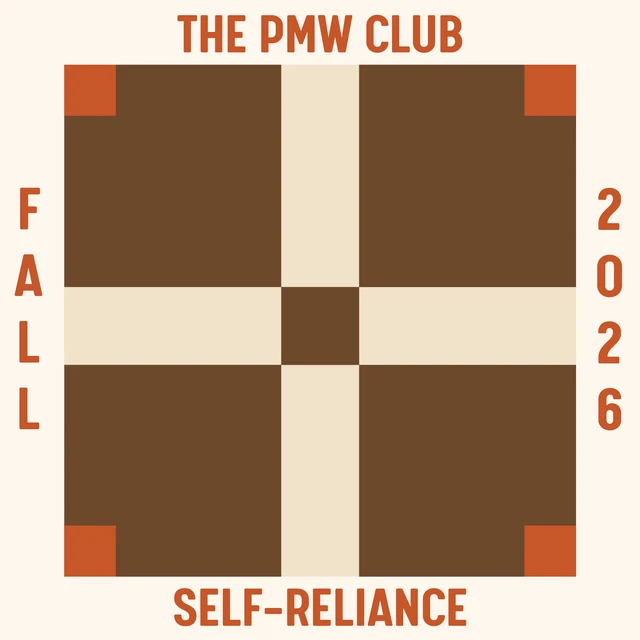 Fall 2026 Self-Reliance patch — a brown block crossed by cream sashing with rust corners