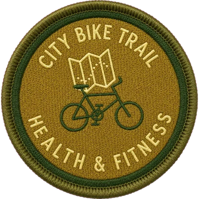 Embroidered Health & Fitness patch — a bicycle with an open trail map on olive